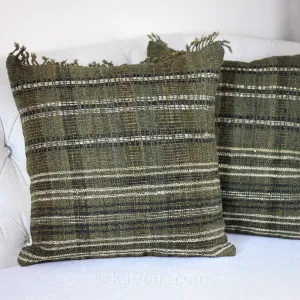 Handwoven 100% Wool & Organic Cotton Cushion Cover with Tassels | Rustic Green-Brown Pillow, 20x20" (Pair)