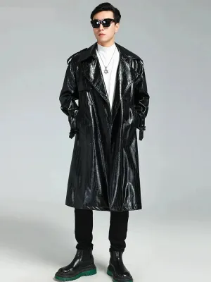 Solid Black Crocodile Print Pu Leather Coat